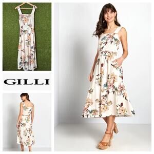 Gilli Floral‎ Midi Dress Linen Blend Square Neck Peekaboo Back Size S Small